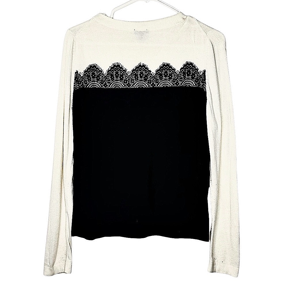 Talbots Ivory and Black Lace Trimmed Sweater Crew Neck Long Sleeve